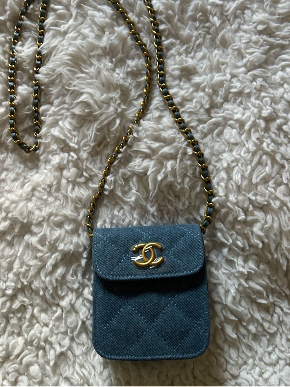*GWP* Denim Quilted Mini Shoulder Bag in Blue with Gold Hardware